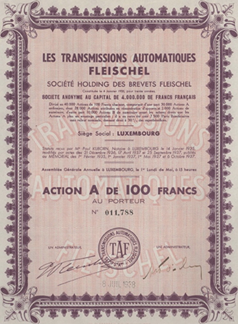 Certificate of Gaston Fleischel - the founder of the joint-stock company Transmissions Automatic Fleischel (TAF)