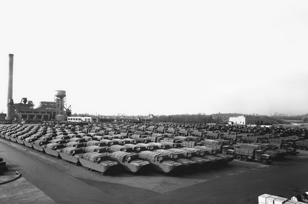 DUKW amphibians ready for shipment to the USSR under Lend-Lease